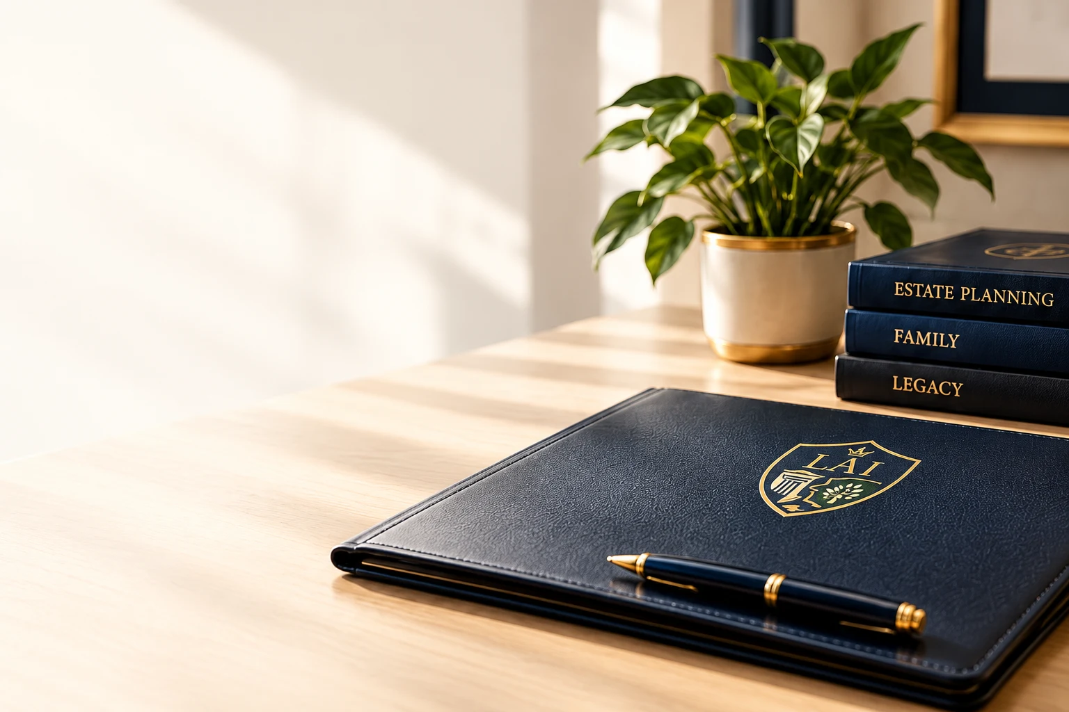 Estate-planning portfolio and books on a desk